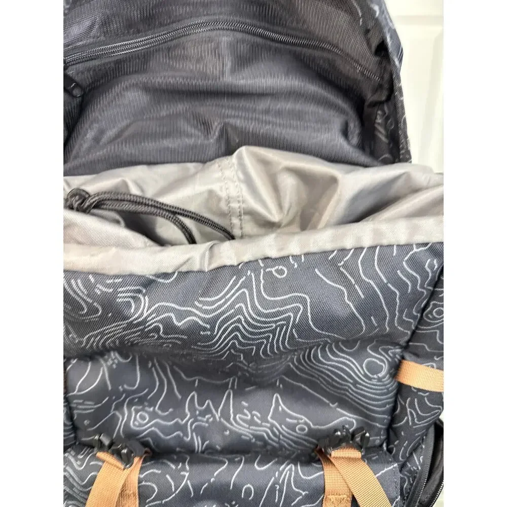KAVU Camp Sherman Backpack Topo Print Black Gray Brown Hiking Travel Outdoor